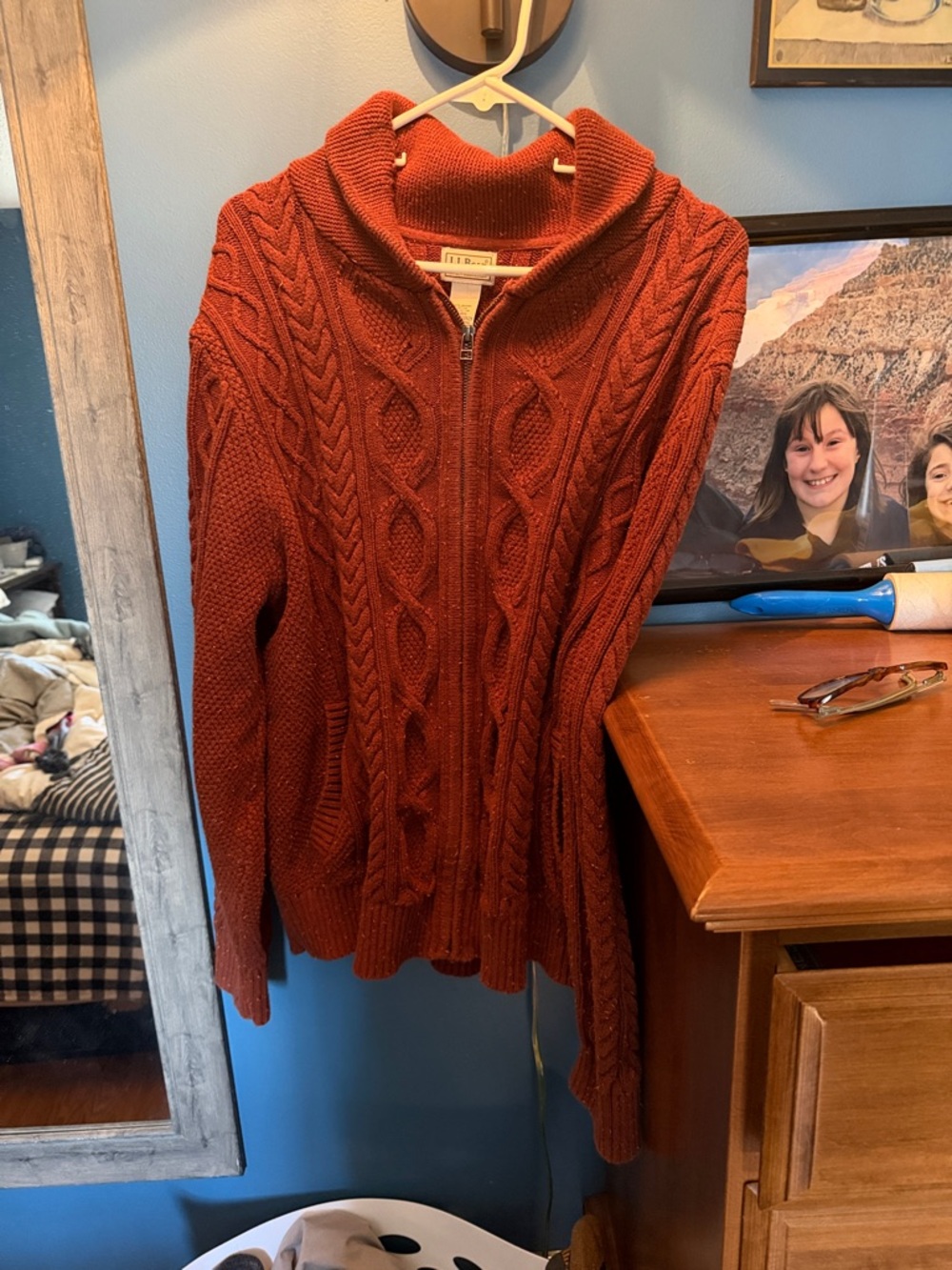 L.L. Bean Cable-Knit Zip-Front Sweater in Rust Orange